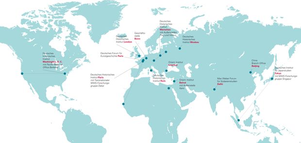 Weltkarte mit Auslandsinstituten der Max Weber Stiftung
