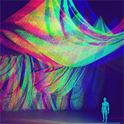 digitales Bild mit einer Decke in leuchtenden Farben, darunter eine Person